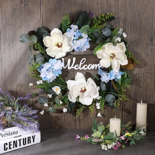 24 Inch Artificial White Magnolia Wreath for Front Door