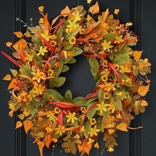 24 Inch Fall Wreath Front Door Decor with Berries and Leaves