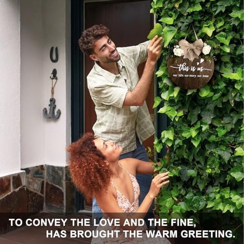 This is Us Welcome Sign Rustic Round Wood Door Decor with Ribbon Bow and Artificial Greenery