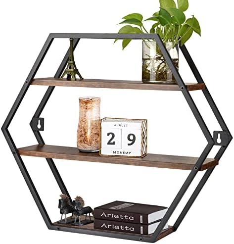 Hexagon Floating Shelves Decorative Wall Shelf Rustic Brown Black