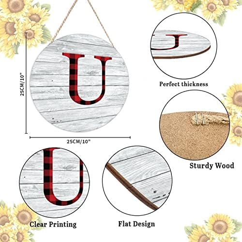 Farmhouse Door Hanger 10x10in Wood Sign Red Black Buffalo Plaid