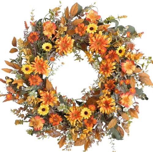 TEMPUS 22 Inch Fall Wreath with Yellow Daisies and Green Leaves - Artificial Wreath for Front Door Thanksgiving Decor