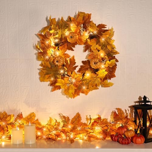 Fall Wreaths with Timer Lights for Front Door