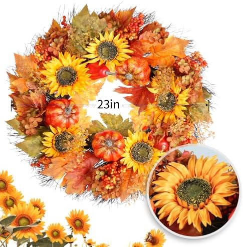Fall Wreath with Pumpkins and Sunflowers 22 Inch Decor for Front Door