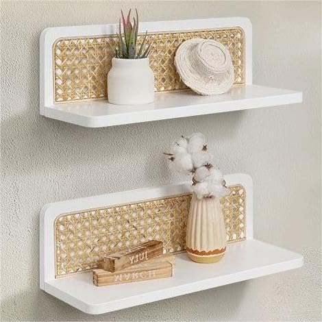 Mazjoaru Rattan Wall Shelf Set of 2 Handmade Floating Shelves for Living Room and Bedroom