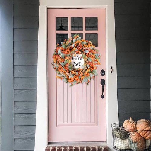 Bibelot Fall Wreaths 22 Inch Lambs Ears Leaves Yellow Flowers Hello Fall Sign Front Door Porch Farmhouse Decor