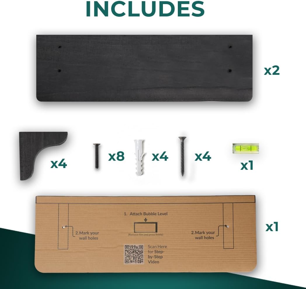 Real Wood Black Wall Shelves 17 Inch 2 Pack