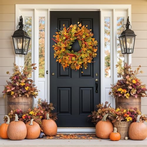 24 Inch Fall Wreath Front Door Decor with Berries and Leaves