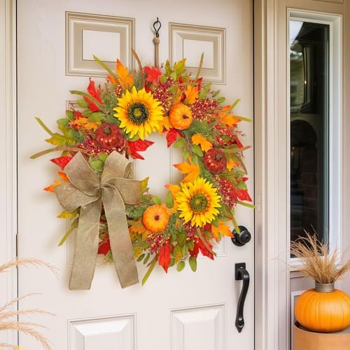 24-26 Inch Fall Wreath with Sunflowers Pumpkins Bows and Berries