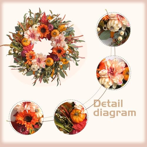 24 Inch Autumn Wreath with Sunflowers and Pumpkins