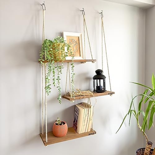 Boho Wall Shelves for Plants - 3 Tier Hanging Shelves