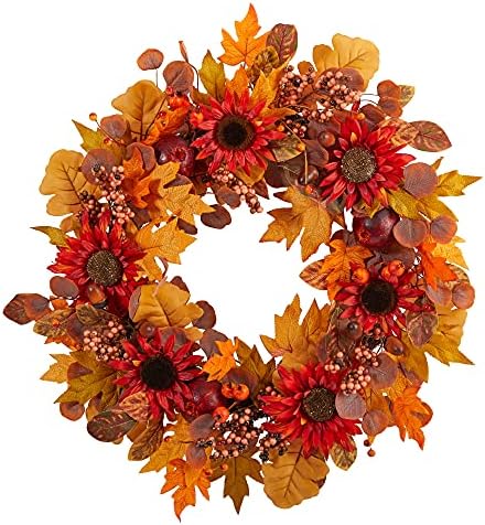Nearly Natural 30in Fall Wreath with Acorns Sunflowers Berries