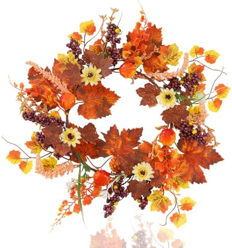 Fall Wreath for Front Door Artificial Autumn Maple Leaf Wreath with Pumpkins Berries 14 Inch Decor