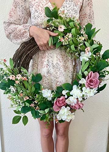 Summer Wreath with White and Pink Roses 24 Inches
