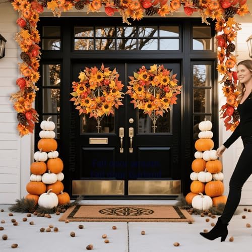 Pudate 22 Inch Fall Wreath with Sunflowers Pumpkins Pinecones Berries