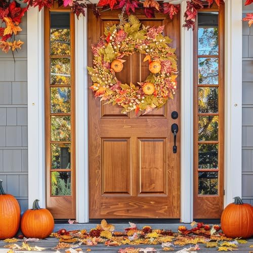 GENMOUS Fall Door Wreath with Pumpkins and Maple Leaves