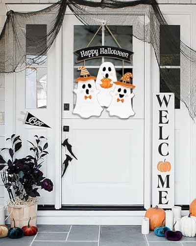 Wooden Halloween Wreath - Ghost Door Decor Hanging Sign for Home Wall Decor Party Supplies