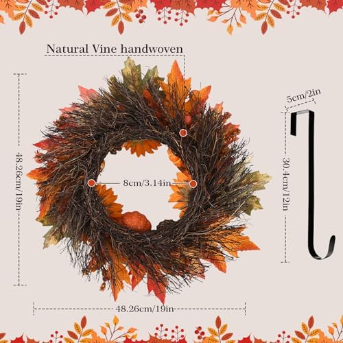Fall Wreath Front Door 19 Inch Autumn Decor