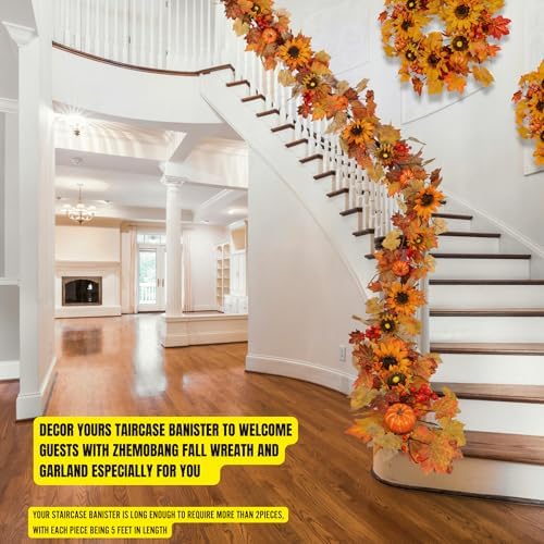 Zhemobang 22 Inch Fall Wreath with Sunflowers and Pumpkins