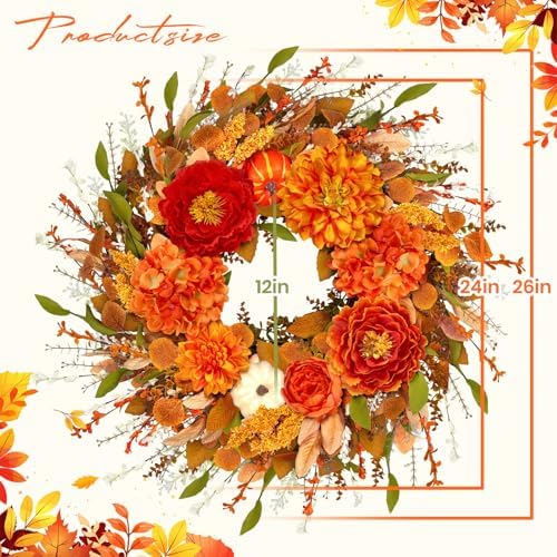 ICX 24-26 Inch Fall Wreath with Pumpkin Peonies Hydrangea