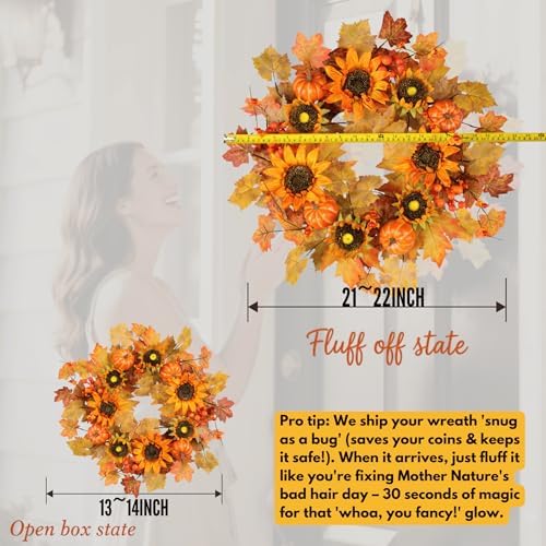 Zhemobang 22 Inch Fall Wreath with Sunflowers and Pumpkins