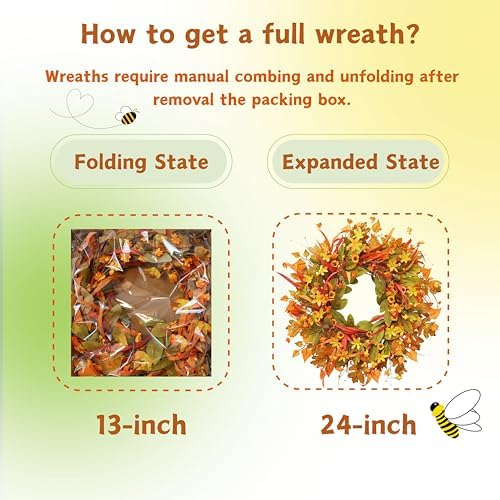 24 Inch Fall Wreath Front Door Decor with Berries and Leaves