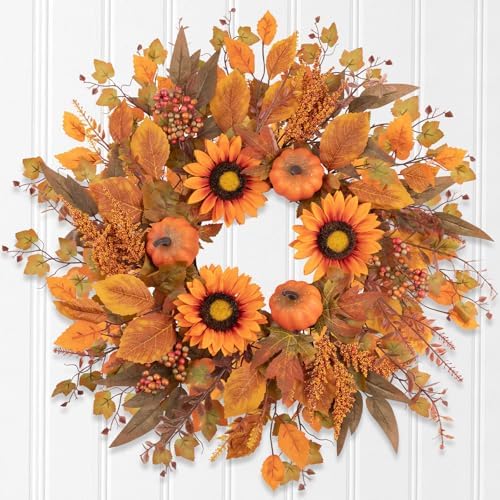 24 Inch Fall Wreath with Sunflowers and Pumpkins