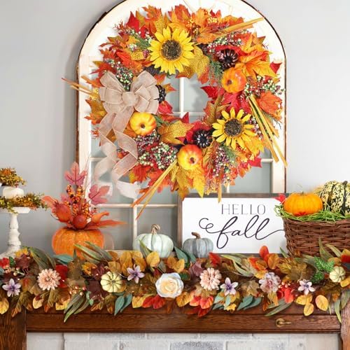 20 Inch Autumn Wreath with Pumpkins and Sunflowers