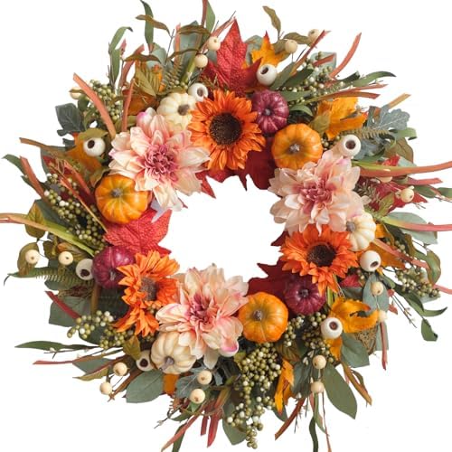 24 Inch Autumn Wreath with Sunflowers and Pumpkins