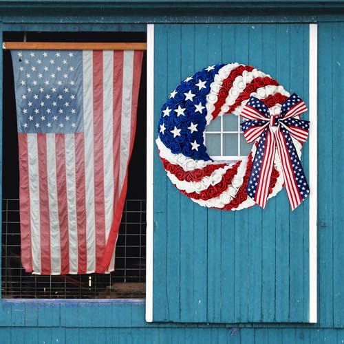 14 Inch 4th of July Patriotic Wreath with Artificial Roses