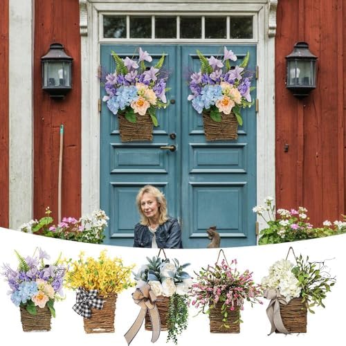 Hydrangea Door Wreath with Artificial Flowers and Rattan Basket 1