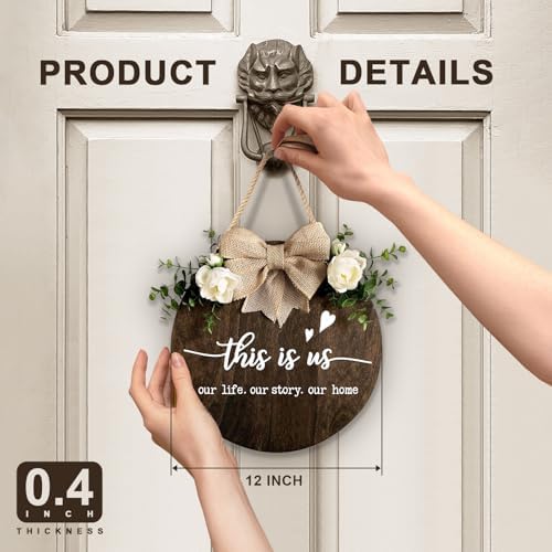 This is Us Welcome Sign Rustic Round Wood Door Decor with Ribbon Bow and Artificial Greenery