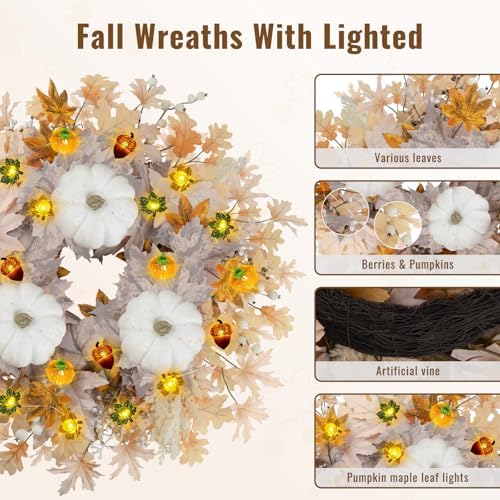 26 Inch Fall Wreath with Lights for Front Door