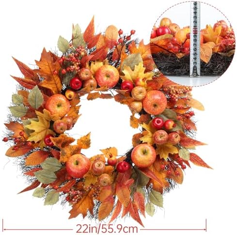 Fall Wreath for Front Door - 22 Inch Autumn Harvest Decor with Realistic Apples Berries Pomegranates and Maple Leaves