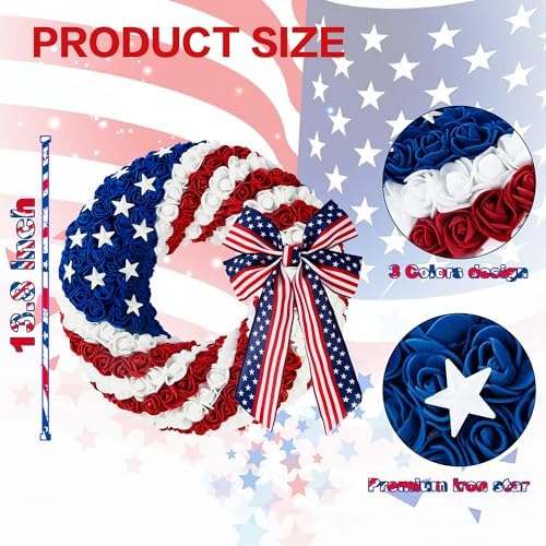 14 Inch 4th of July Patriotic Wreath with Artificial Roses