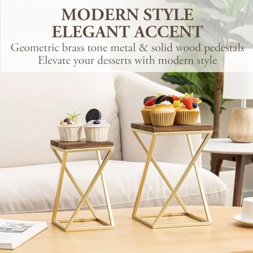 MyGift Dessert Riser Stands Modern Brass Wood Pedestal Set
