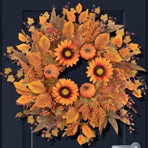 24 Inch Fall Wreath with Sunflowers and Pumpkins