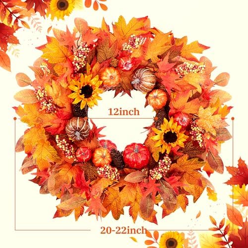 Fall Wreaths for Front Door 22 Inch Autumn Pumpkin Sunflower Decor