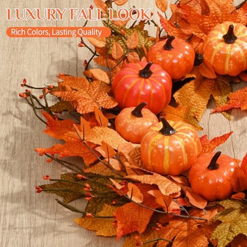 Fall Wreath for Front Door with Pumpkins Leaves 20 Inch Autumn Decor