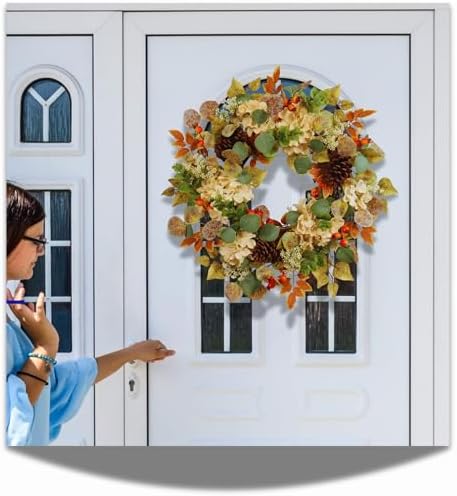 22 Inch Fall Hydrangea Wreath with Eucalyptus Pinecones Orange Berries