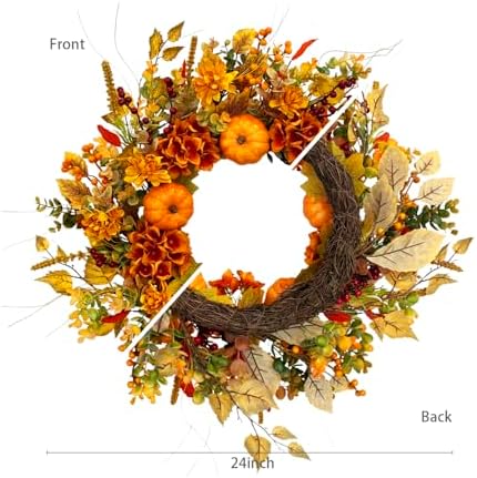24 Inch Fall Door Wreath with Pumpkins and Hydrangeas