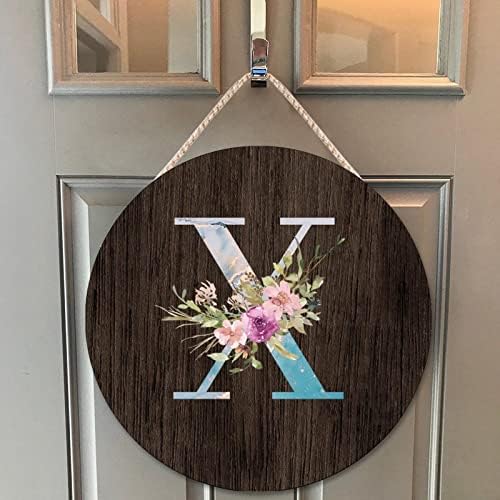 Farmhouse Front Door Hanger Blue Marble Floral Initial Letter X Wood Sign