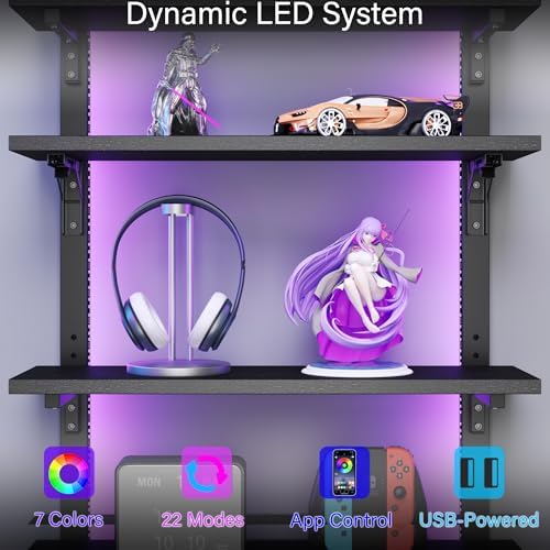 Spacesea Foldable Gaming Floating Shelf with LED Light and Hooks