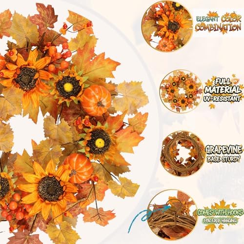 Zhemobang 22 Inch Fall Wreath with Sunflowers and Pumpkins