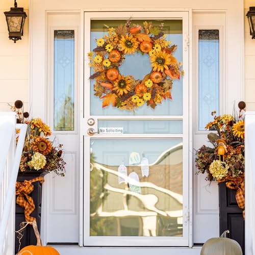 24 Inch Fall Wreath for Front Door Pumpkin Autumn Decor with Silk Leaves