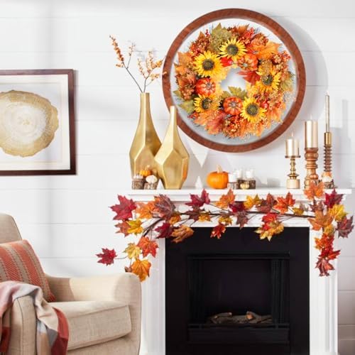 Fall Wreath with Pumpkins and Sunflowers 22 Inch Decor for Front Door