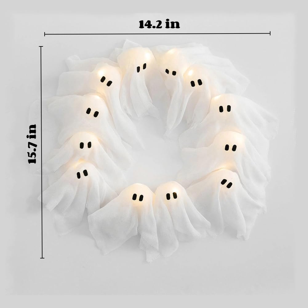 Front Door Halloween Ghost Wreath with LED Lights