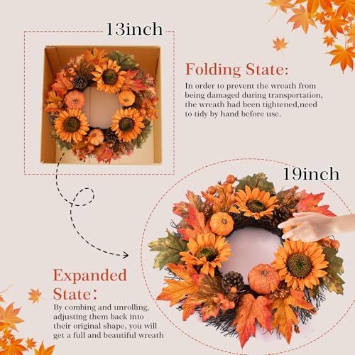 Fall Wreath Front Door 19 Inch Autumn Decor