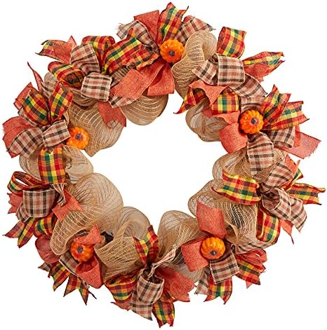 Nearly Natural 30in Autumn Pumpkin Decorative Bow Fall Wreath