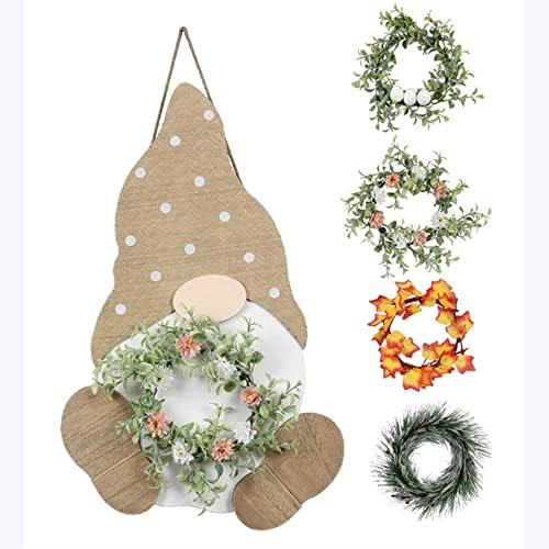 Youngs Inc Wood Gnome Wall Door Hanger with 4 Wreaths